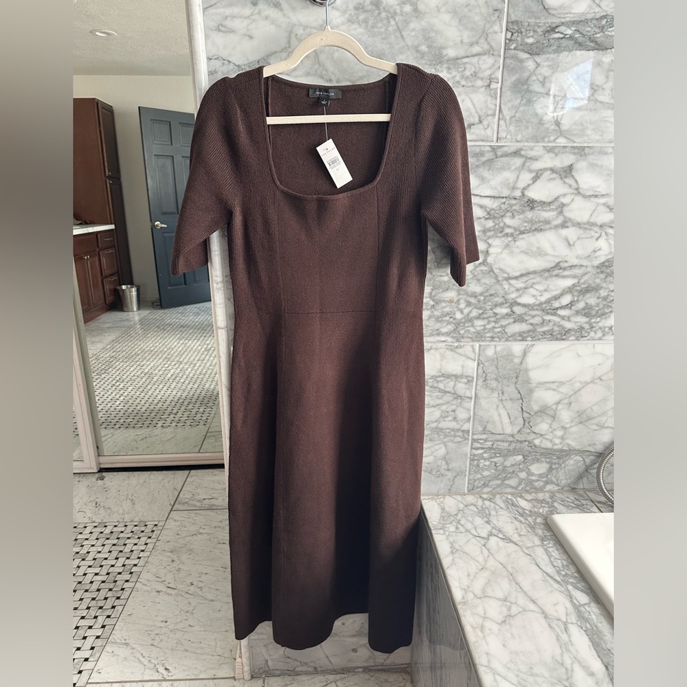 🤎 Ann Taylor Chocolate brown Midi Short Sleeve Square Neck Sweater Dress - Picture 2 of 4